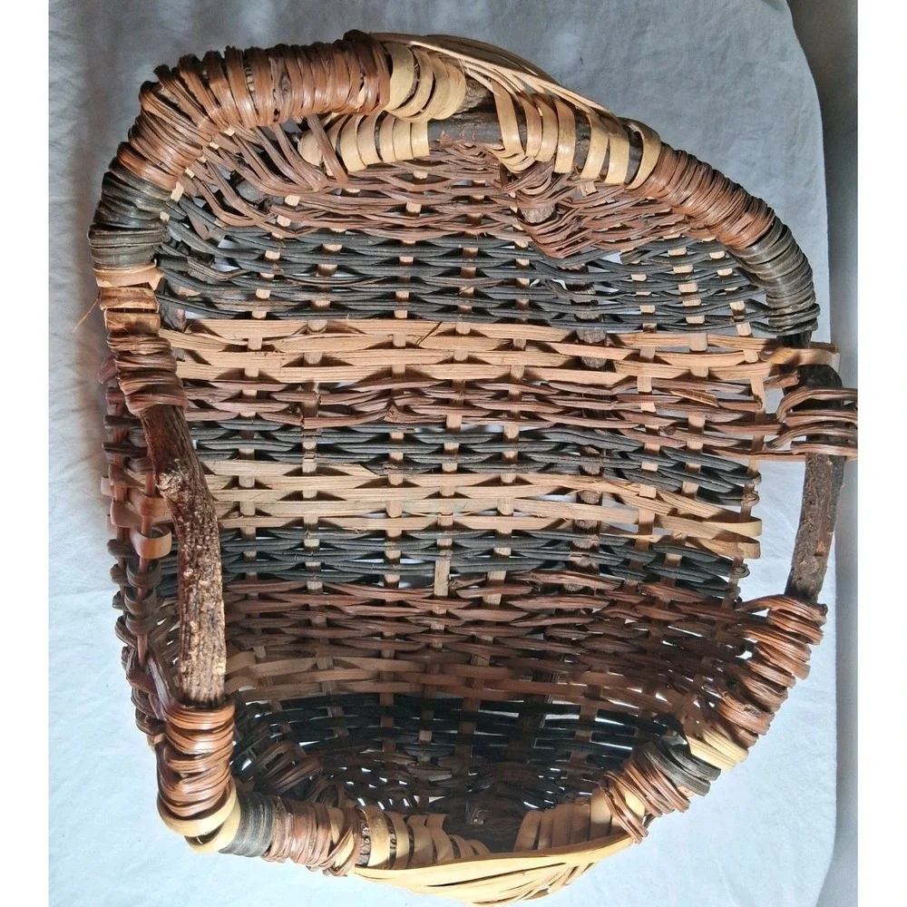 Rustic Hand Woven Gathering Basket‎ Natural Branch Handles Multi Tonal Brown Tan
